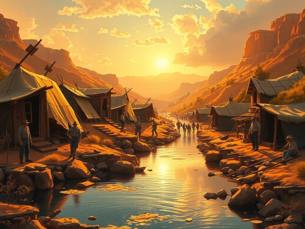 Wild West Gold Rush Scene: Whimsical Digital Painting of Pio...