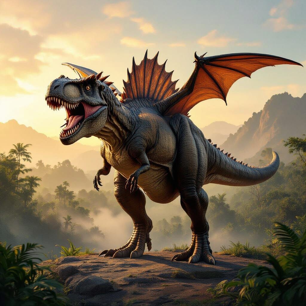 Hybrid Dinosaur with Pterosaur Wings at Dawn