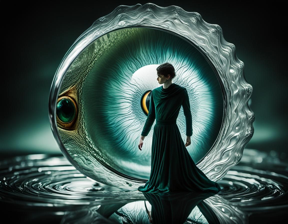 Surrealist Eye Contemplates Ripples in Silver Mirror