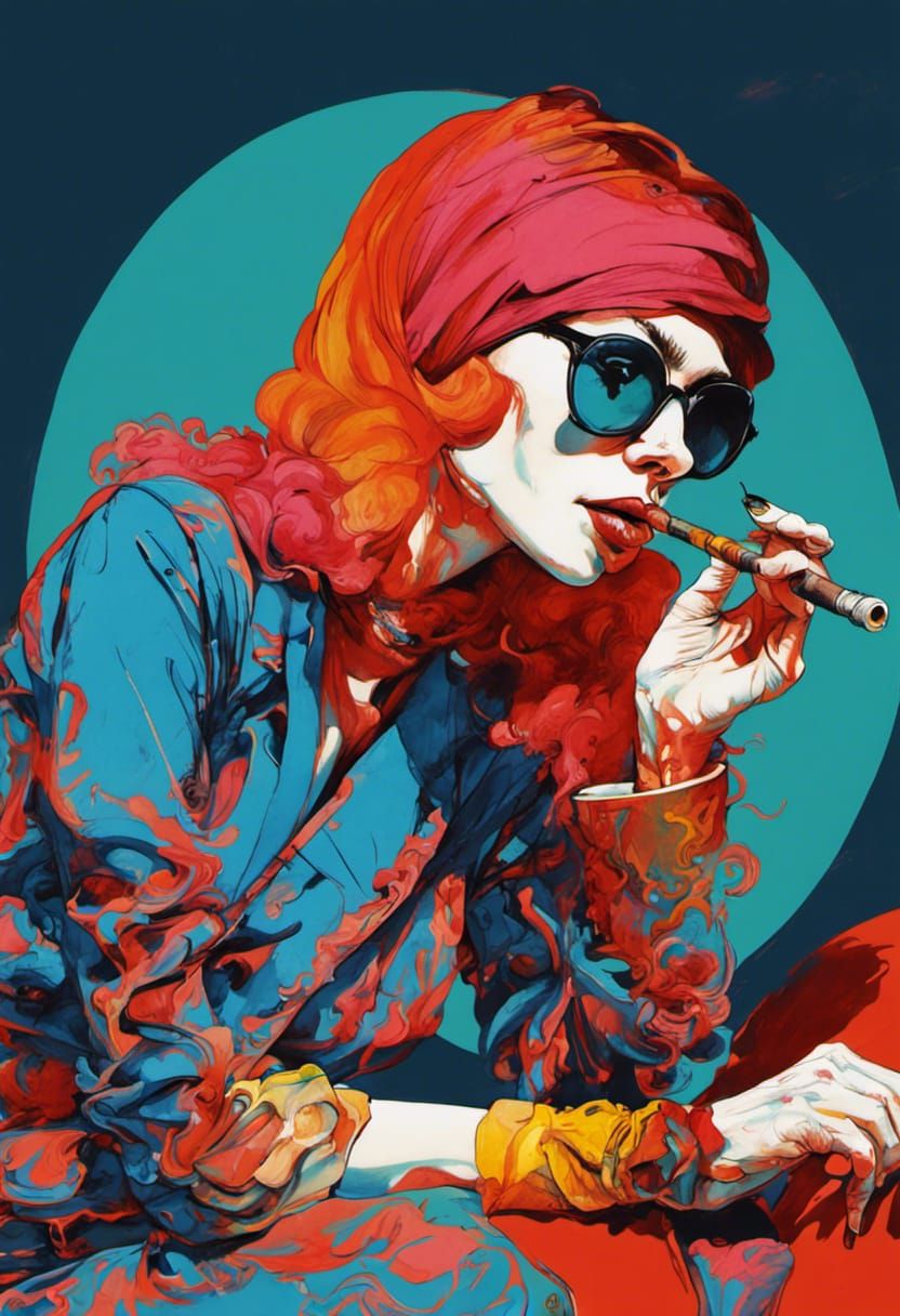 Stylish Gonzo Woman Smoking a tobacco pipe. Bold vibrant Ink portrait By Ralph Steadman by James Jean.
