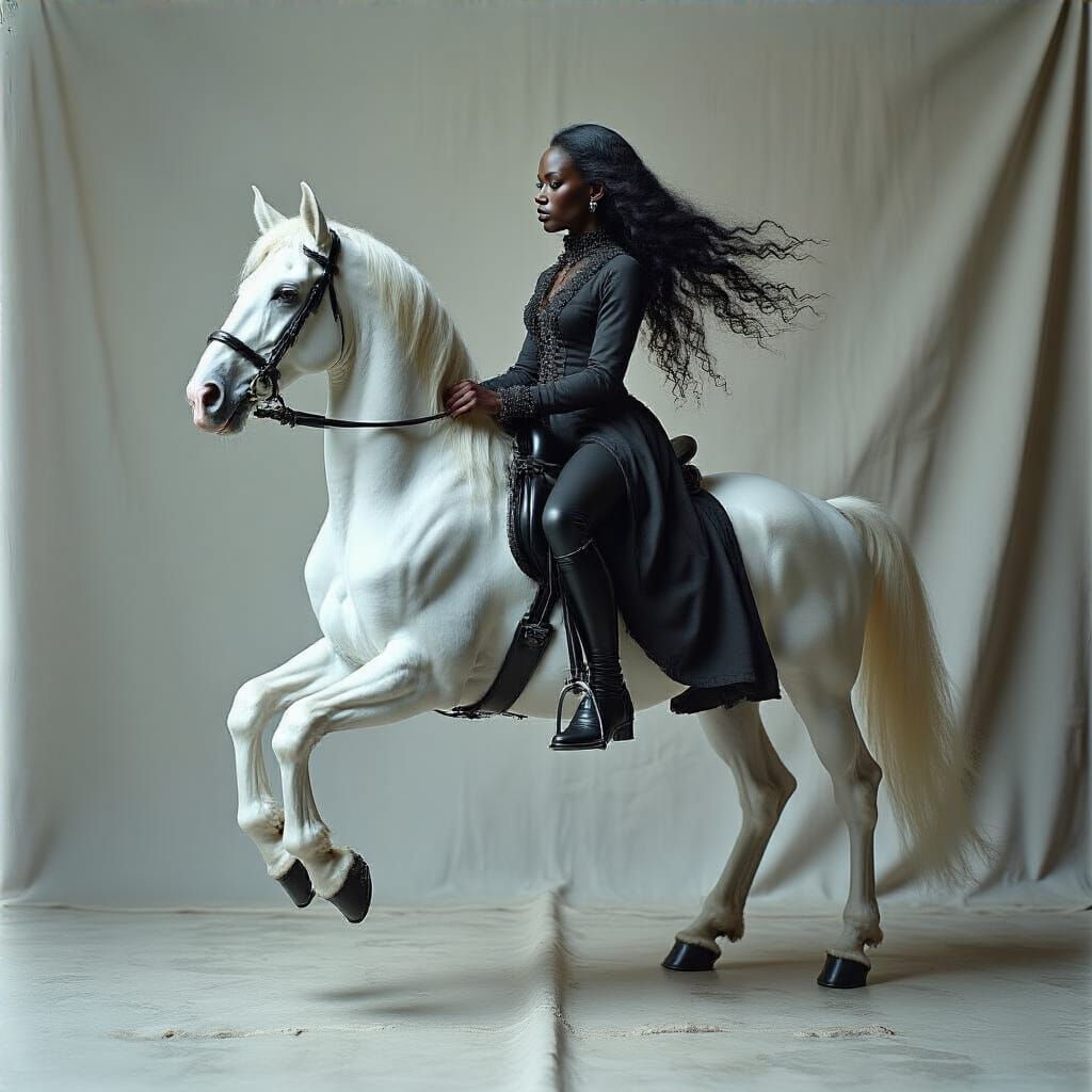 Hyperrealistic Image: Woman on Porcelain Horse