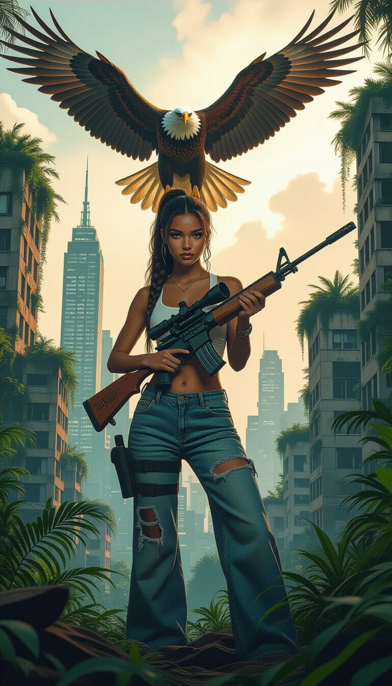 Eagle Over Jungle City with Post-Apocalyptic Survivor