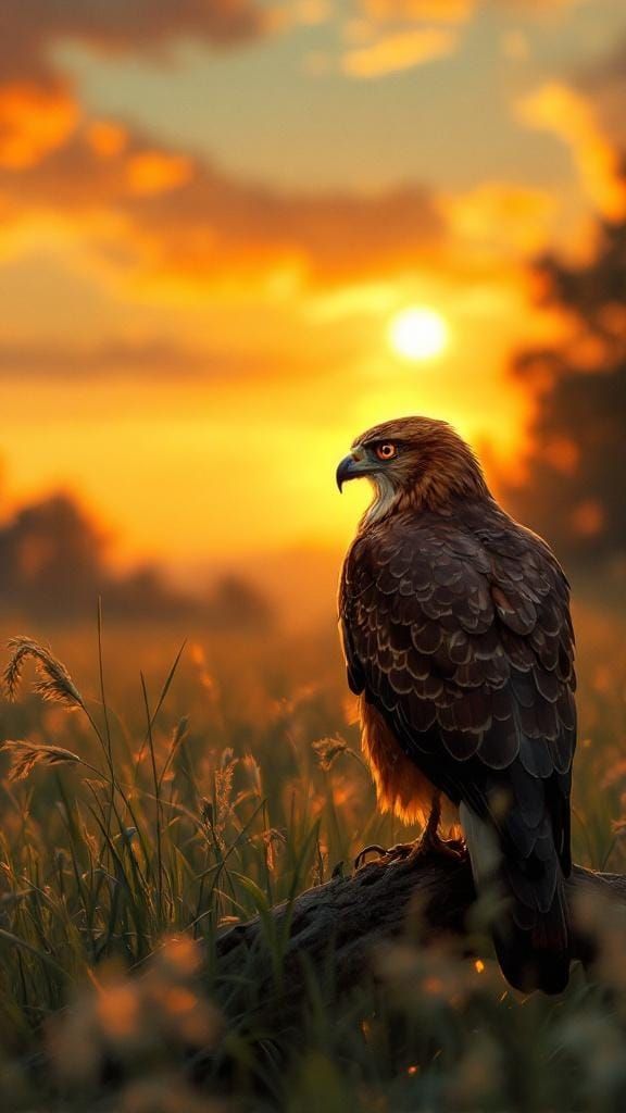 Hawk in Meadow at Sunset: Atmospheric Digital Art
