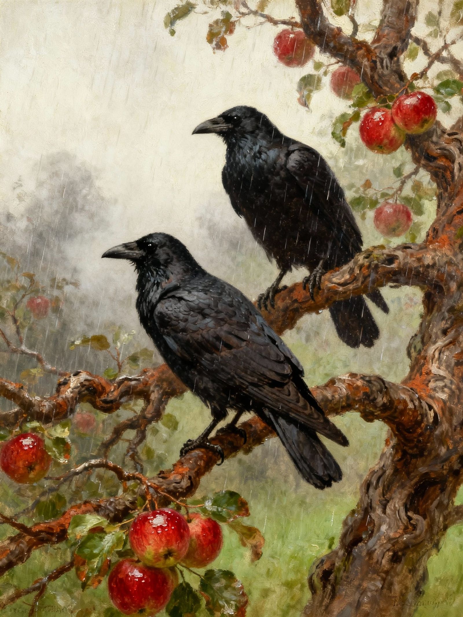 Ravens Among Apple Branches in Soft Rain