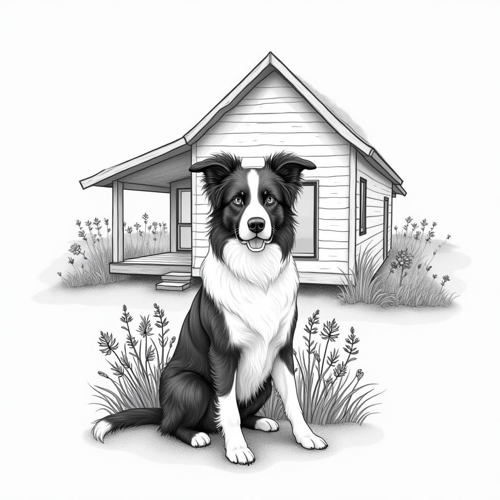 Border Collie Tattoo Design with Minimalist House
