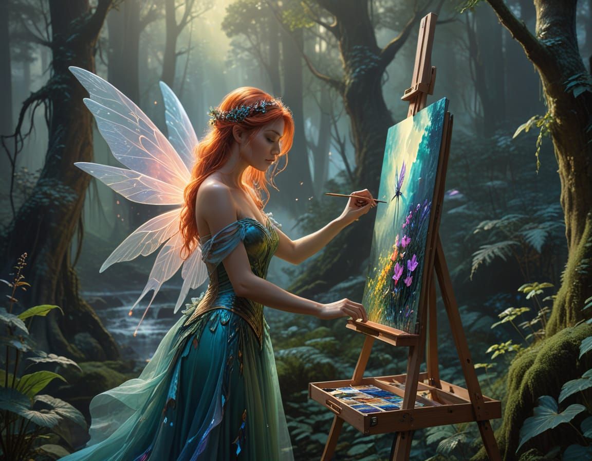 Fairy Artist Painting Ethereal Landscape in Vibrant Fantasy ...