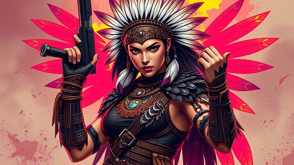 Native American Warrior Woman in Neon Calligraphy Style