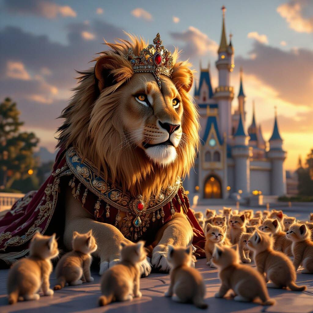 Majestic Lioness Queen with Kittens in Royal Castle