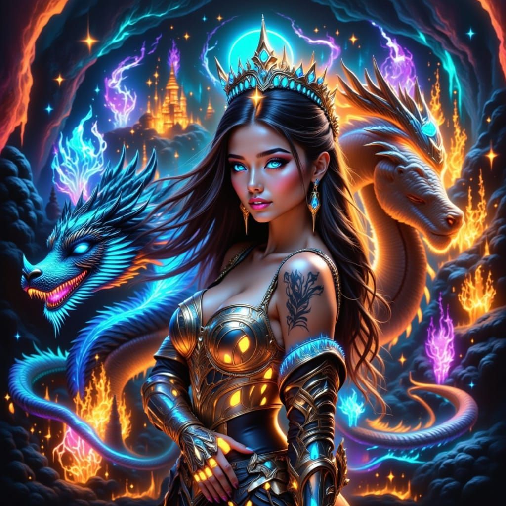 Warrior Princess with Dragon in Anime Style