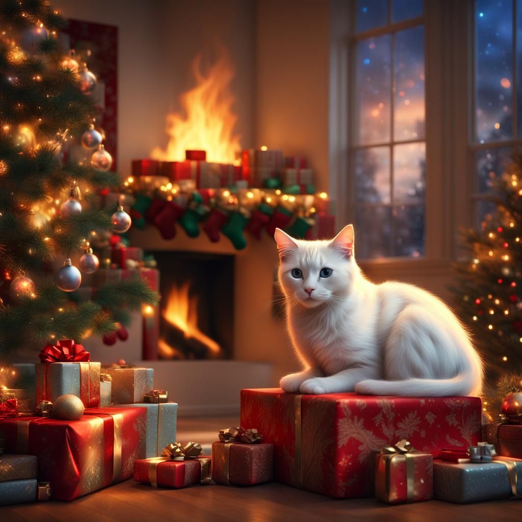 Snow White Cat Surrounded by Christmas Magic