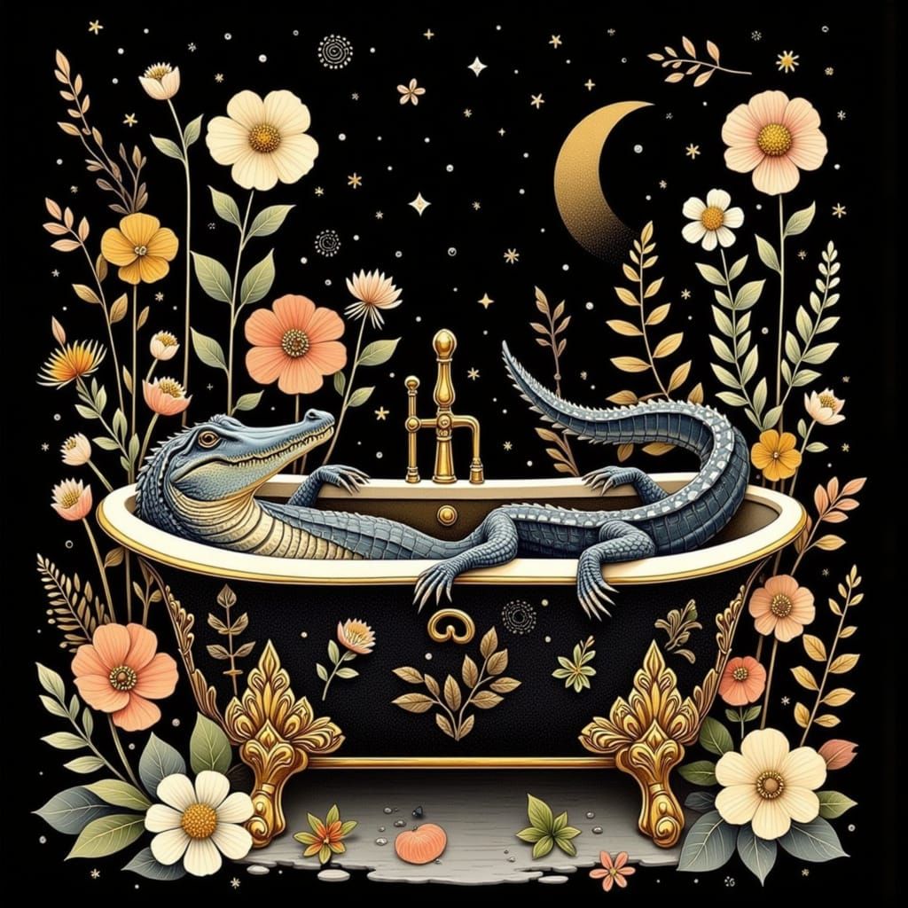 Surreal Art Nouveau Masterpiece with Charming Alligator and ...