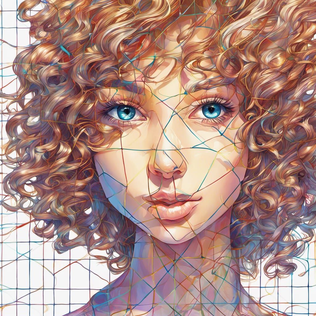Gorgeous Goddess with Intricate Grid Lines and Fractals