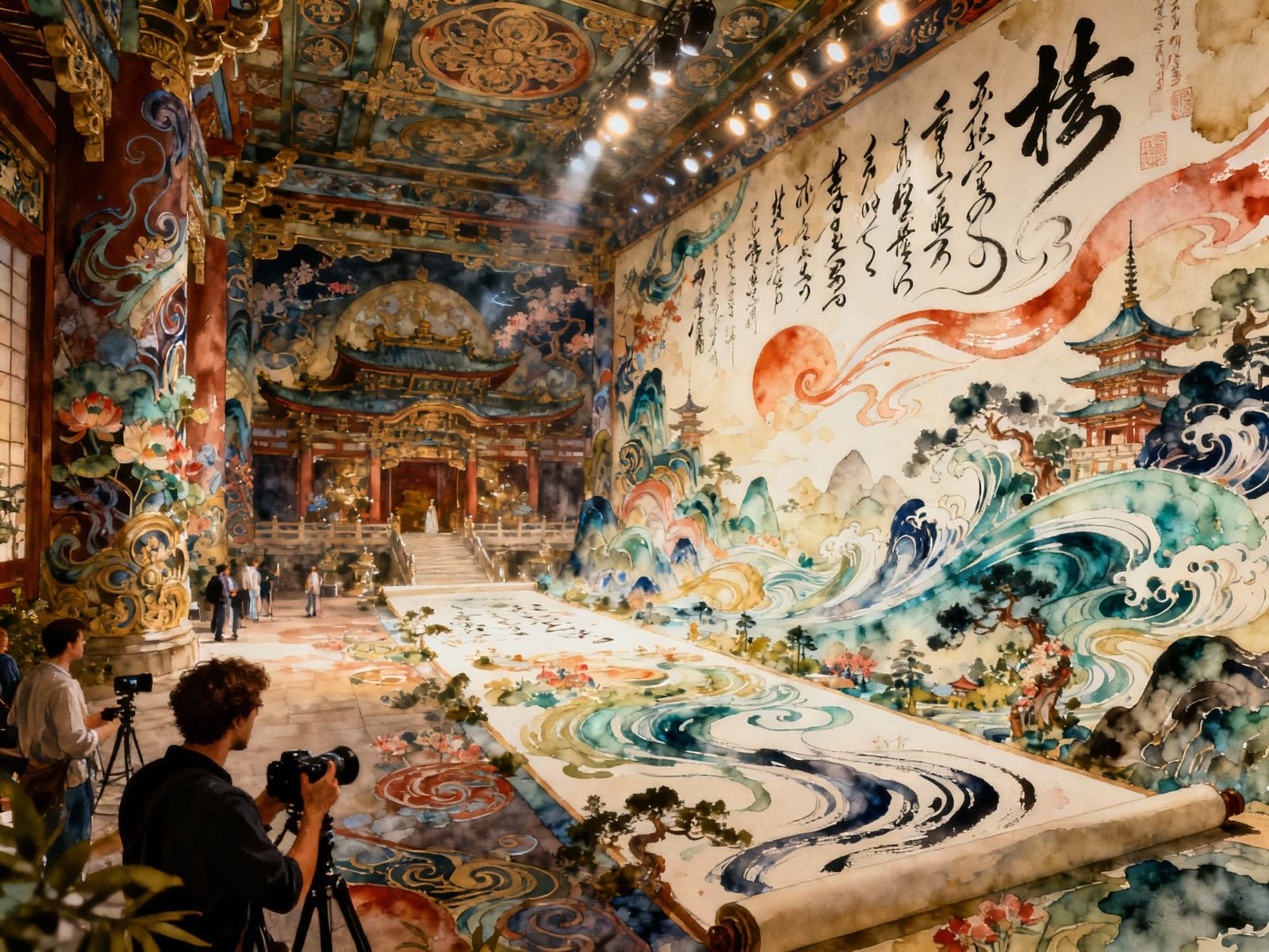 Intricate Gouache Painting with Fluid Calligraphy Art