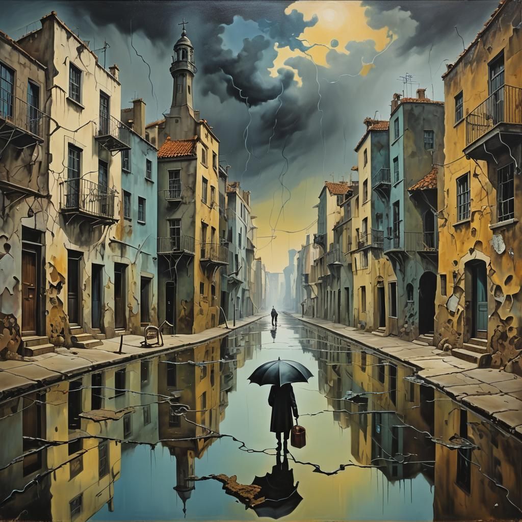 Surreal Night Streets in Torrential Rain, with Flickering Ga...