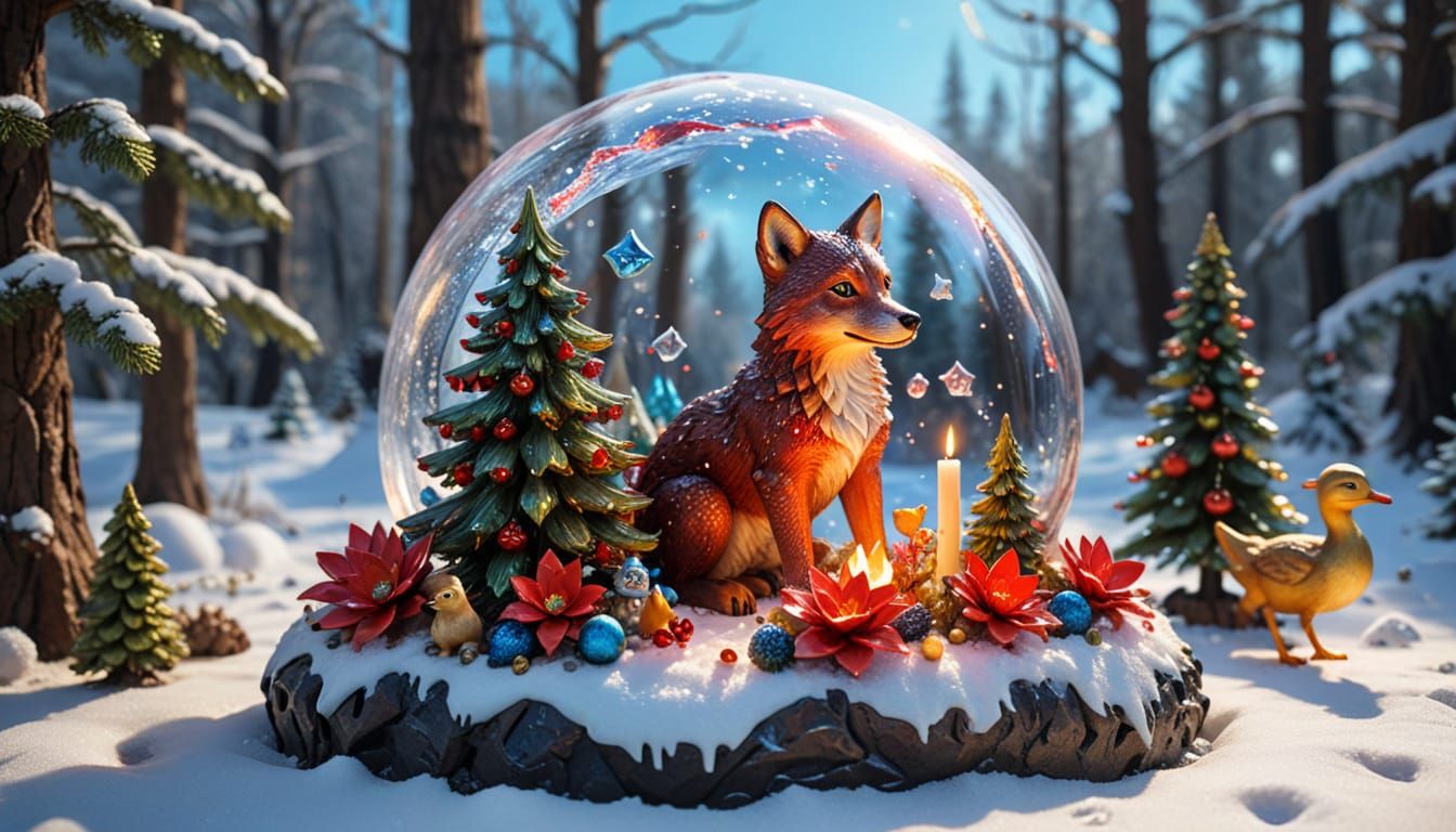 Iridescent Glass Wolf Sculpture with Christmas Decor