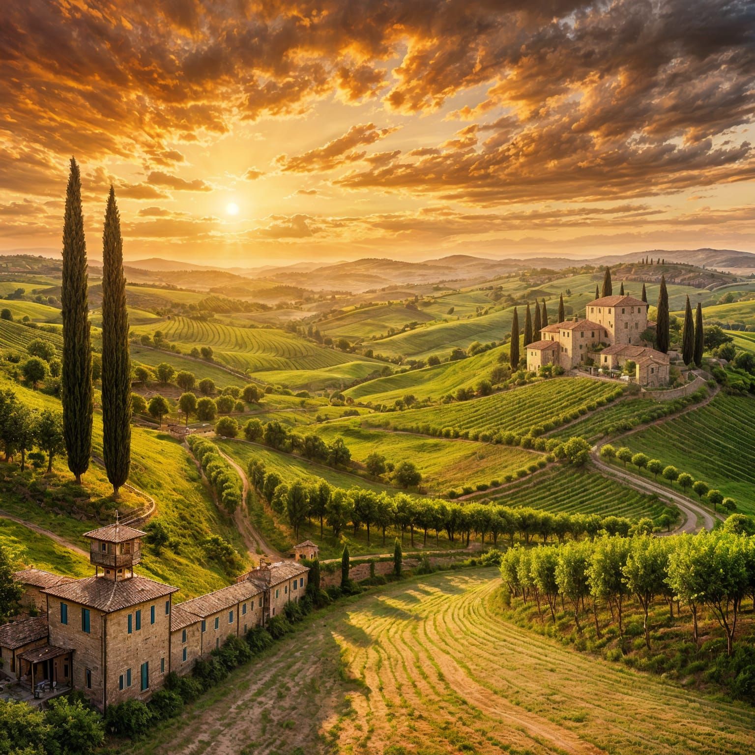 Tuscan Hills Sunset Over Vineyards and Farmhouse