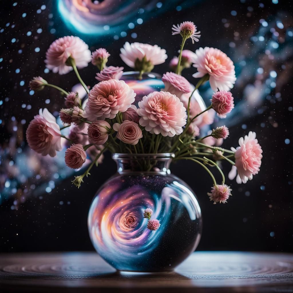 Elegant Cosmic Vase Blooms with Spiraling Starry Galaxies