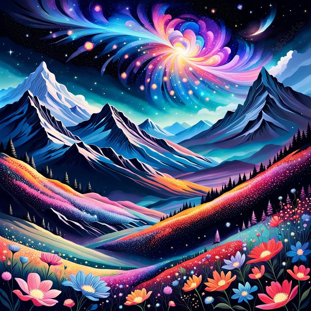 Cosmic Floral Paradise in Vibrant Starlight