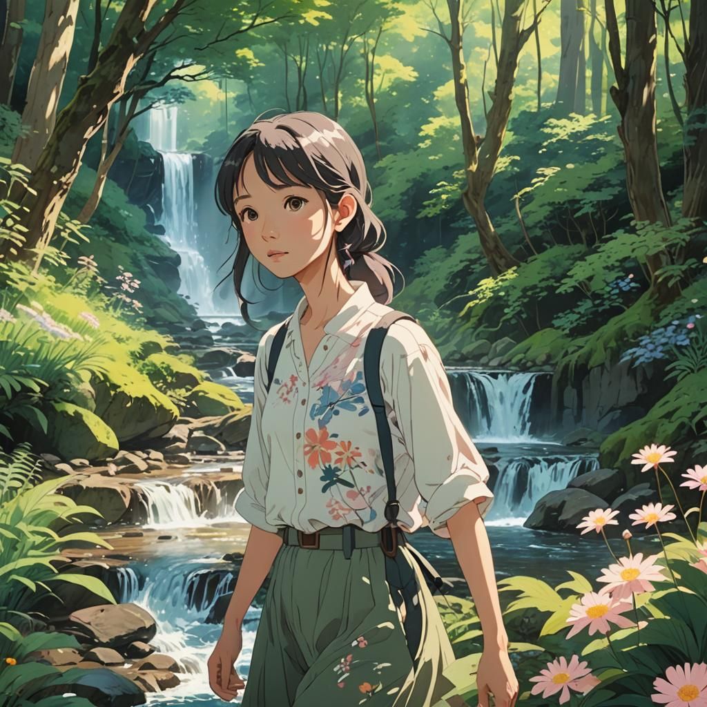 Exploring the forest. anime sunshine flowers stream waterfall parrots dragonflies