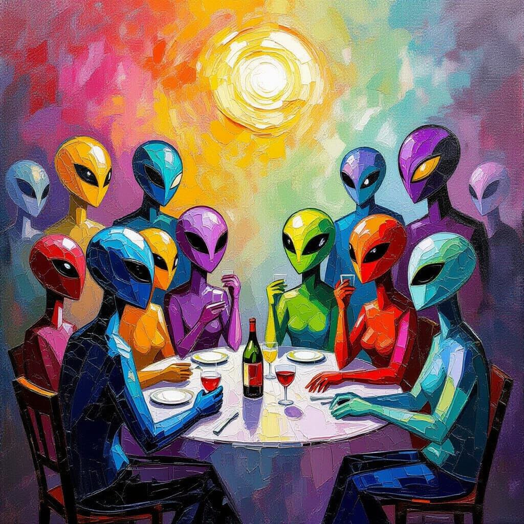 Aliens Gather at Marketplace: Neo-Impressionist Oil Painting