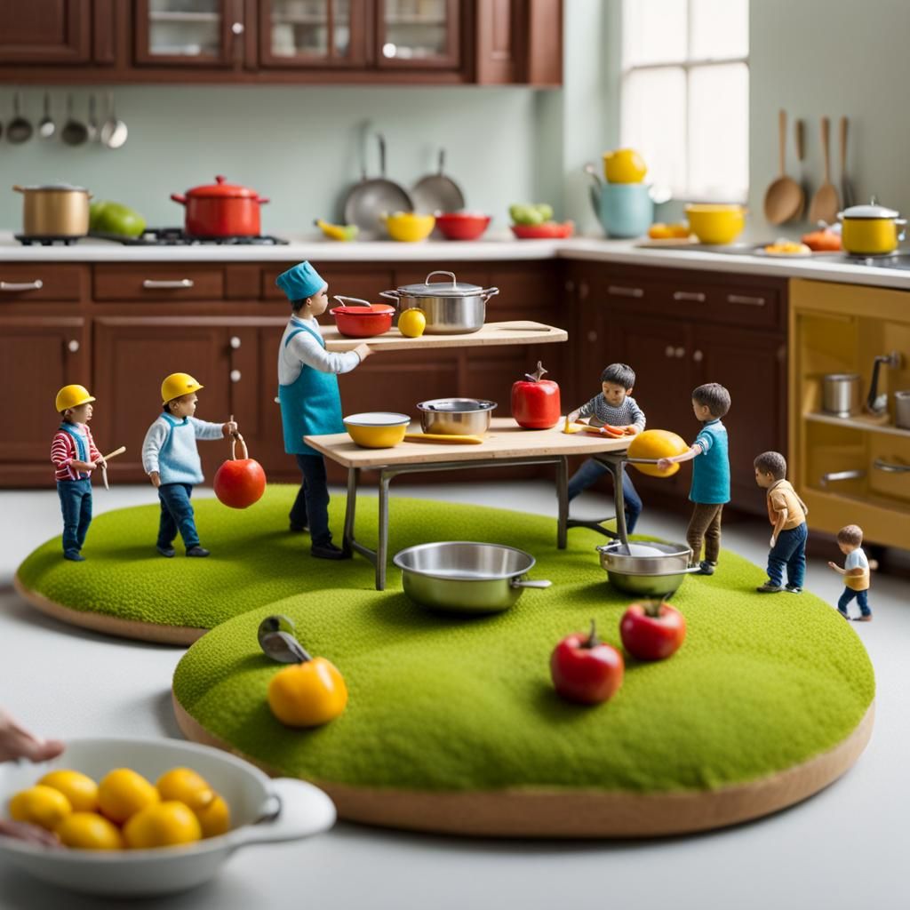 Tiny humans busy in a giant kitchen