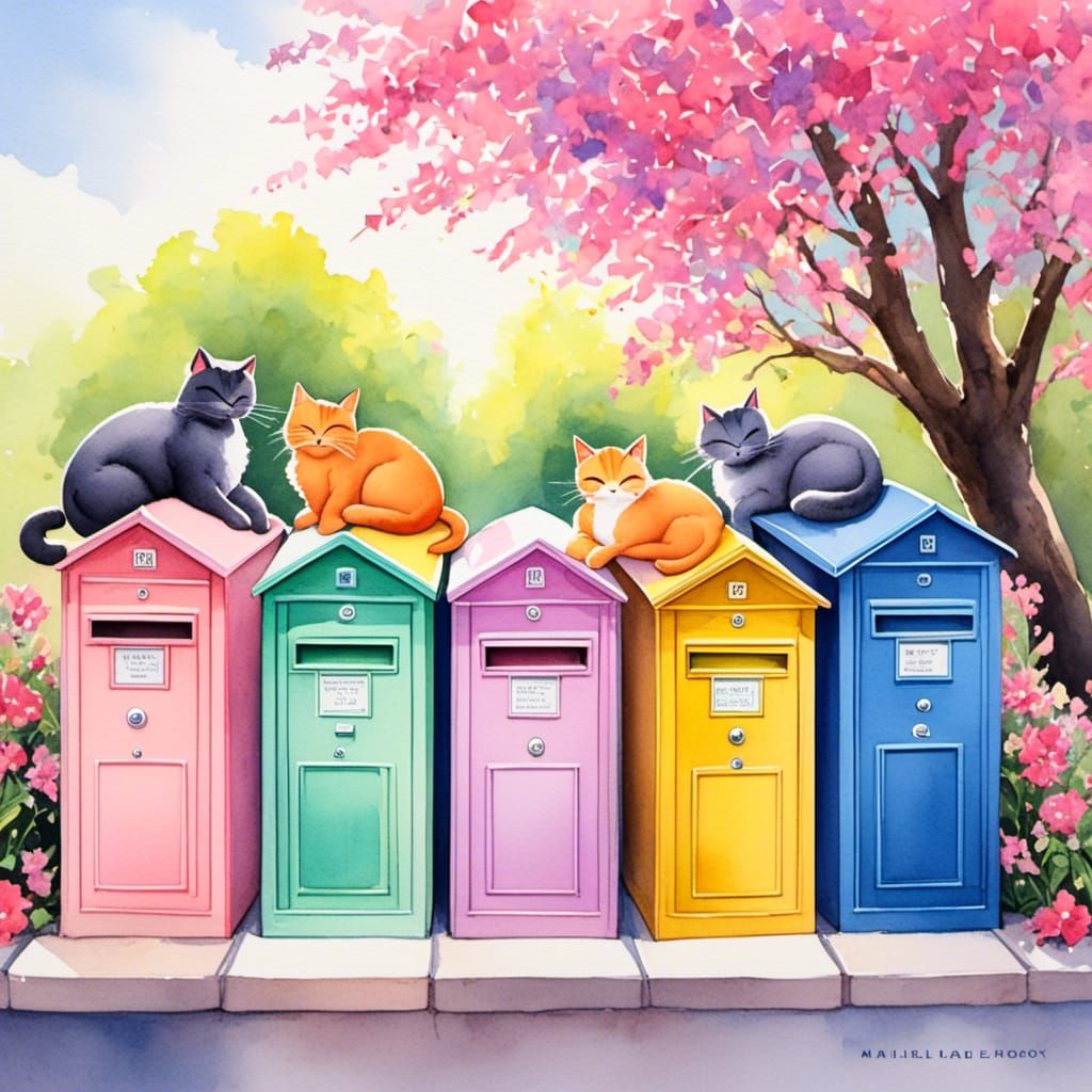 Whimsical Cats Slumber in Pastel Mailboxes Along a Suburban...