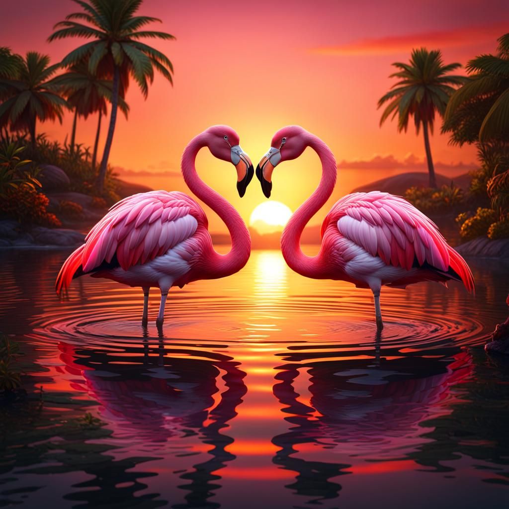 Flamingos Embracing in a Tropical Sunset Masterpiece