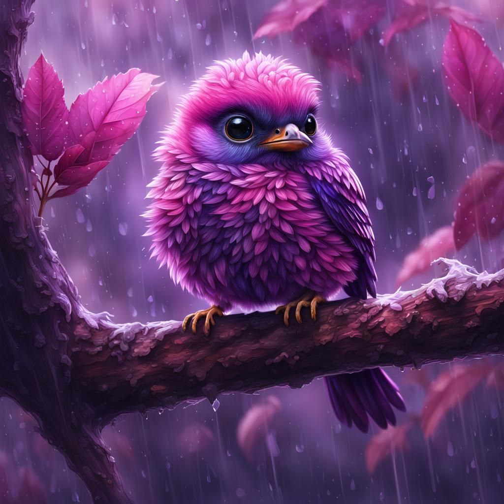 Adorable Baby Bird Sits on Branch, Soaking in Rainy Lush Fol...