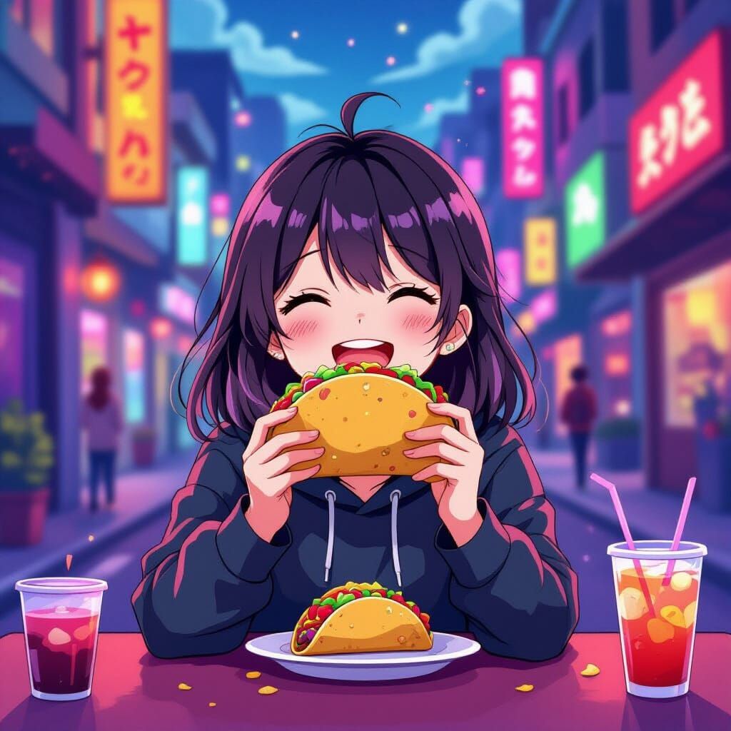 Stick Figure Enjoys Taco in Surreal Anime Style