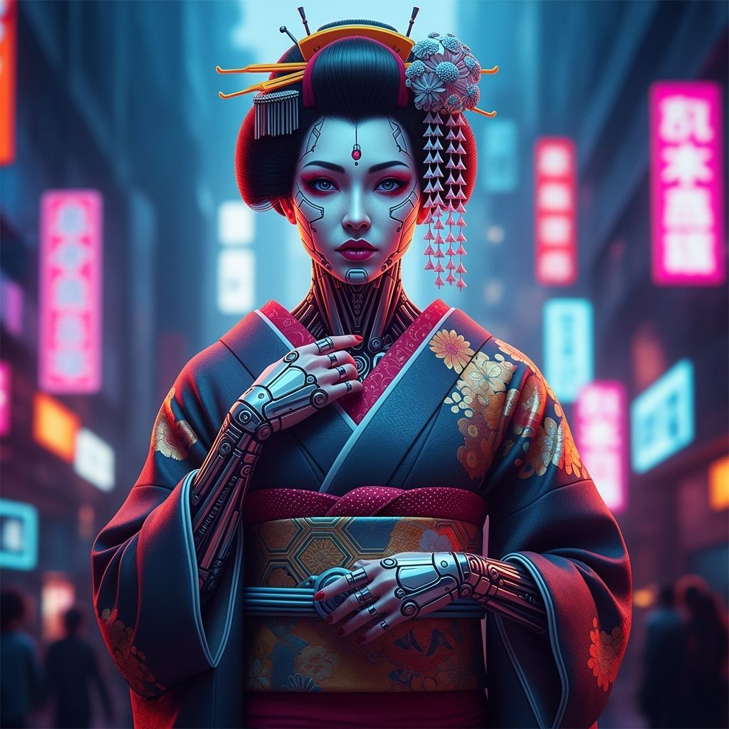 Cyberpunk Geisha in Futuristic Tokyo: Hyperrealistic Art