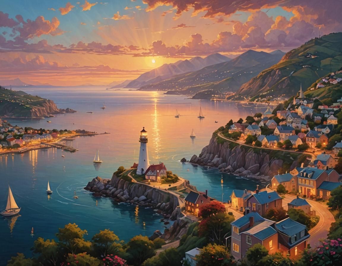 Whimsical Seaside Sunset in Dreamlike Beauty