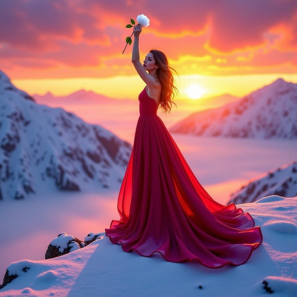 Woman on Snowy Peak at Sunrise with Rose