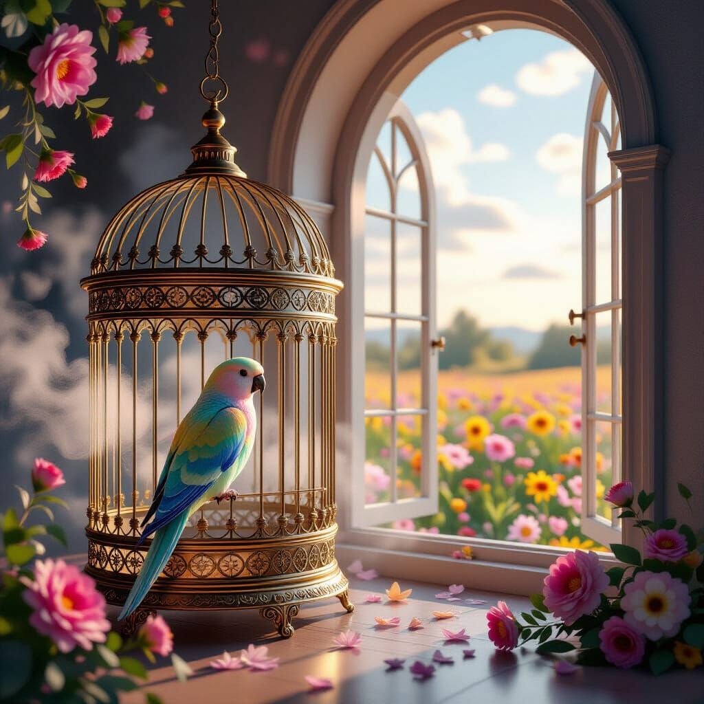 Ornate Birdcage with Parrot in Sunlit Flower Field