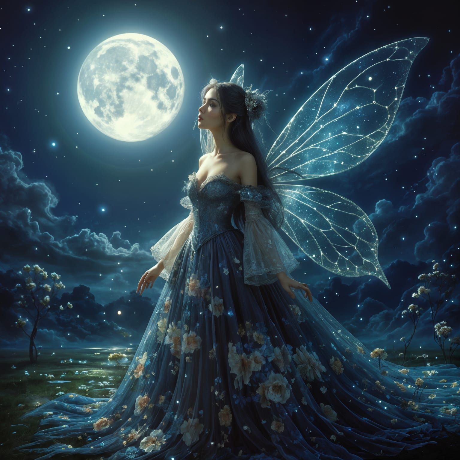 Celestial Fairy in Starry Night Landscape