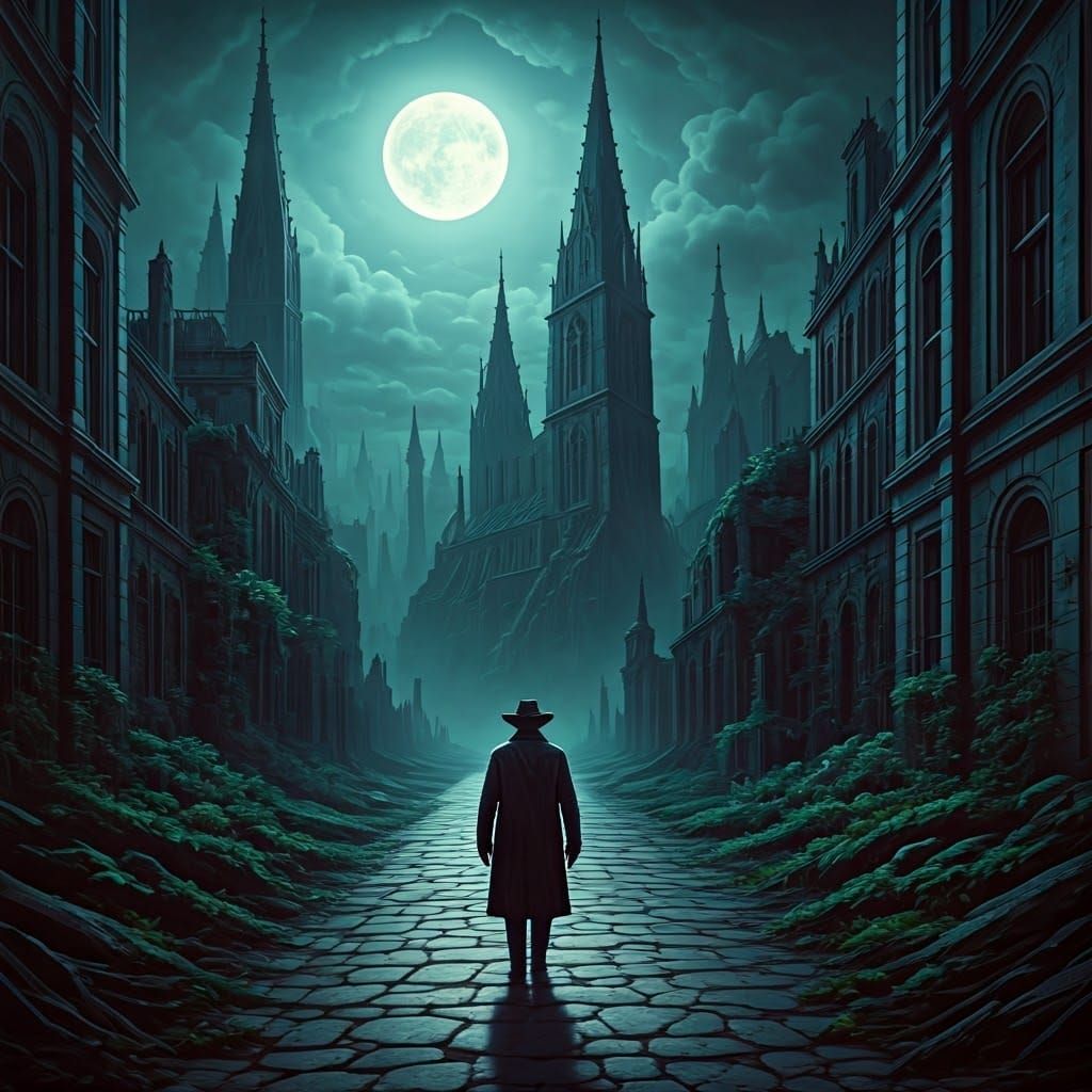 Dark Figure Walks a Desolate, Moonlit Path in a Haunting Cit...