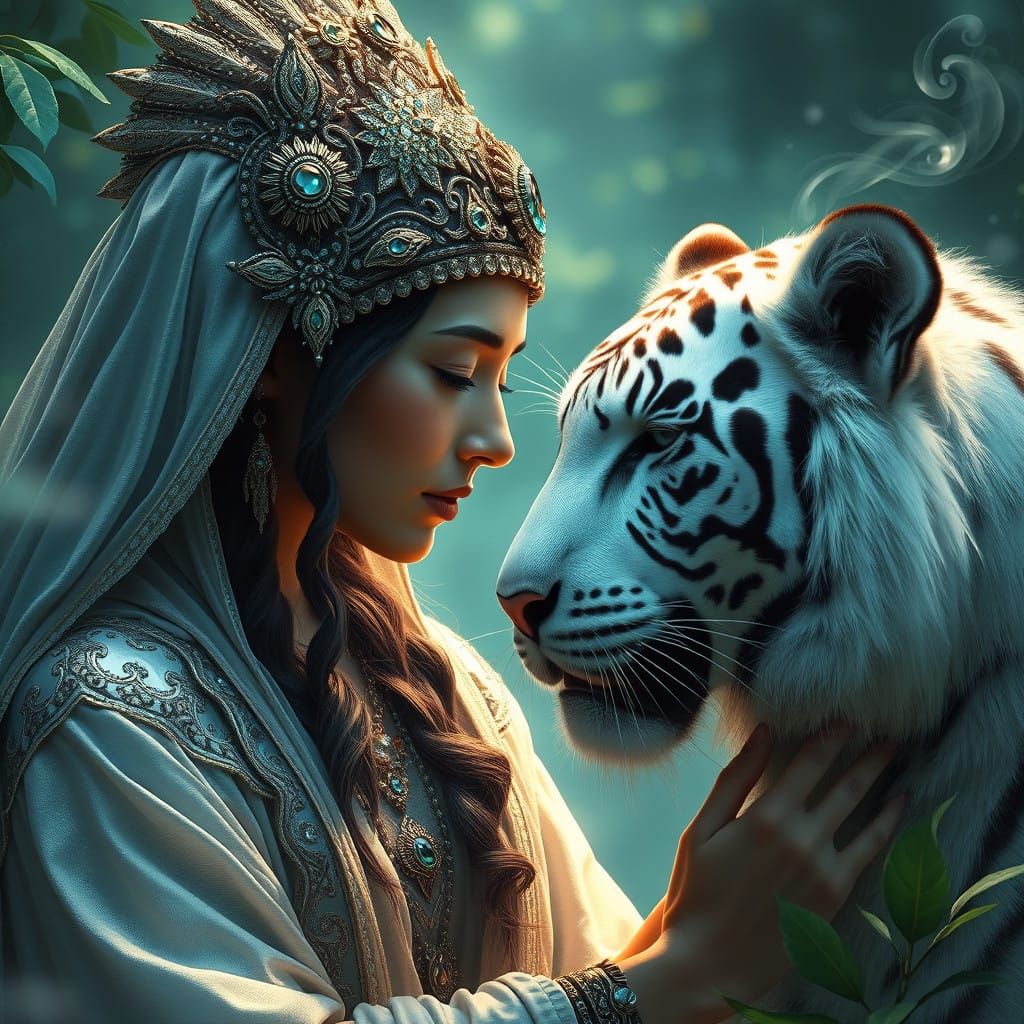 Regal Woman Connects with a Majestic White Tiger in a Dreaml...