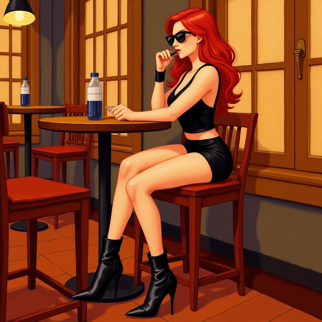 Red-Haired Woman at Cafe, Oil Painting Style