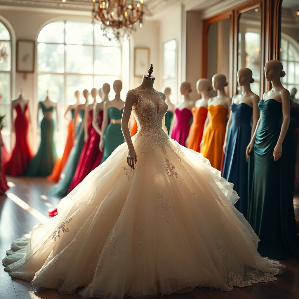 Vibrant Mannequins in Jewel-Toned Gowns Surround a Stunning...