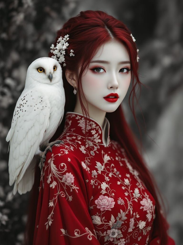 Monochrome Fantasy Portrait of Asian Woman with Red Lips