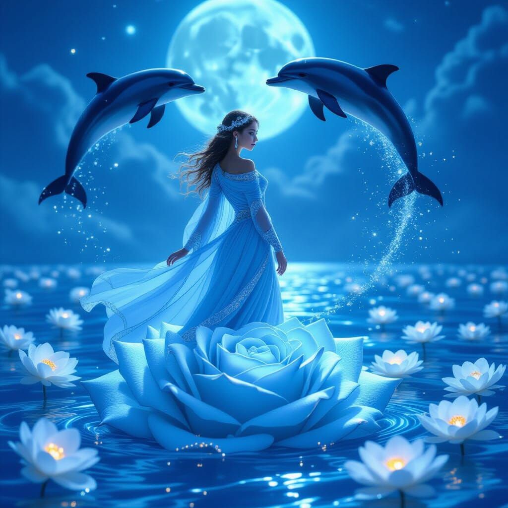 Ethereal Maiden on Magical Rose Under Moonlight