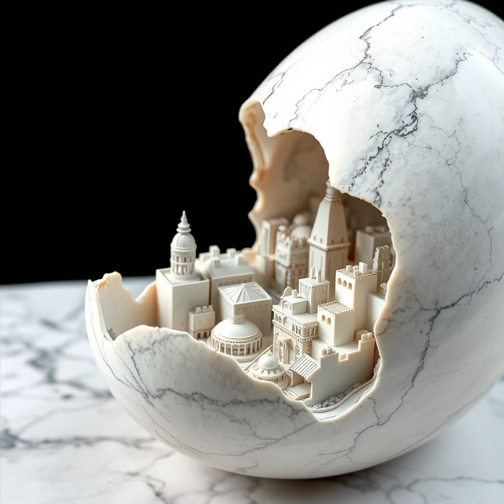 Marble Sculpture of a City Inside an Egg