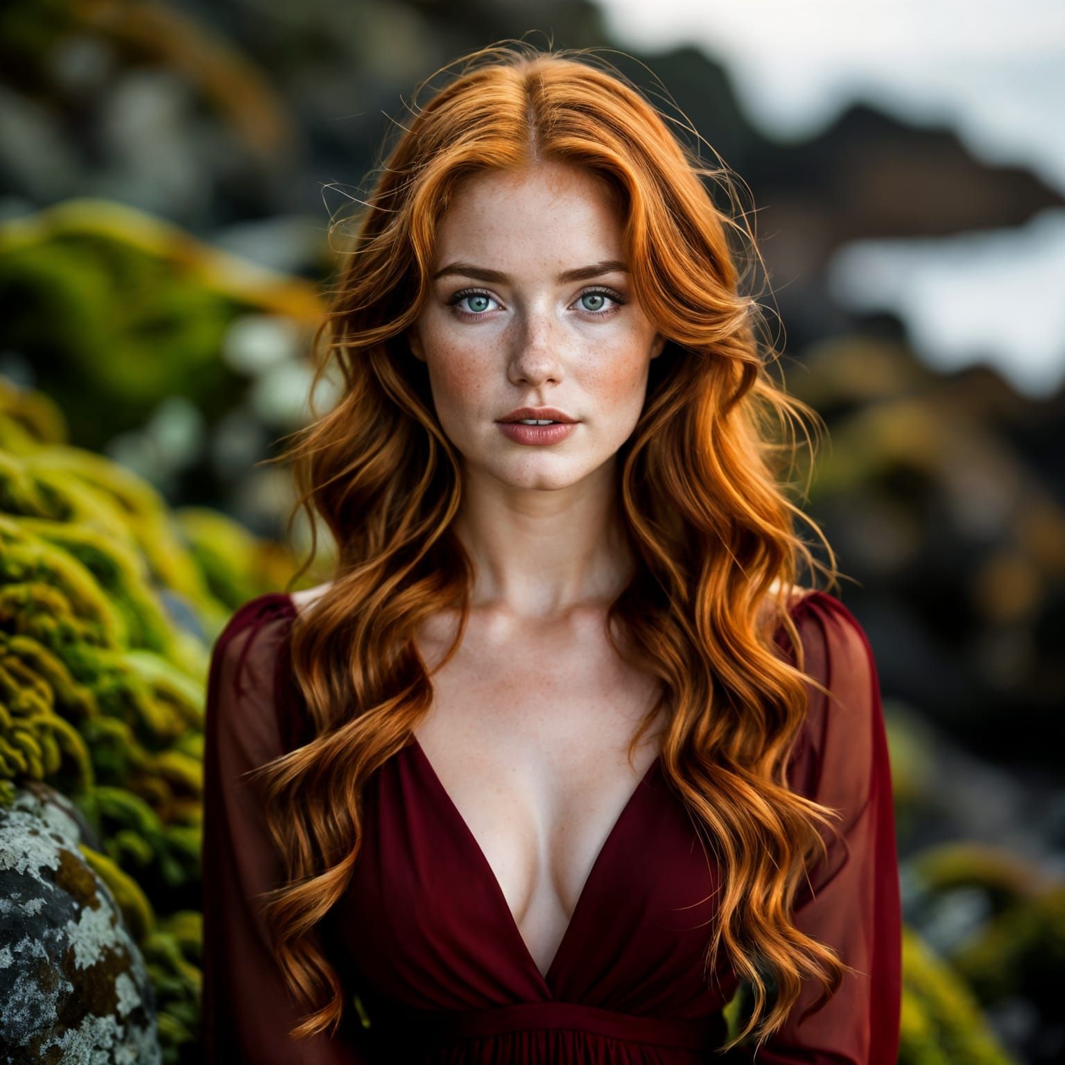 Moody Cinematic Portrait of Red-Haired Woman in Chiffon Dres...