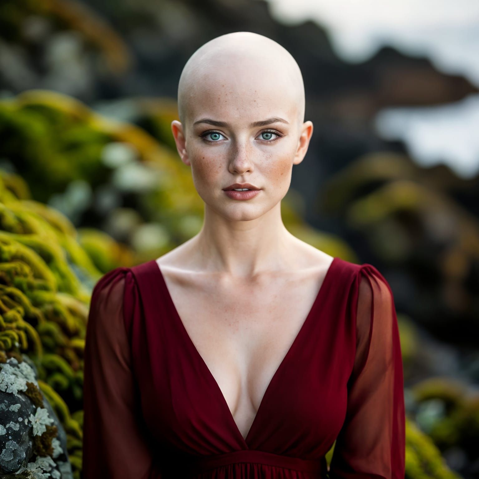 Moody Cinematic Portrait of a Bald Woman in Red Chiffon