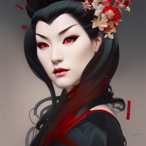 Ethereal Vampire Geisha Portrait in Triadic Hues