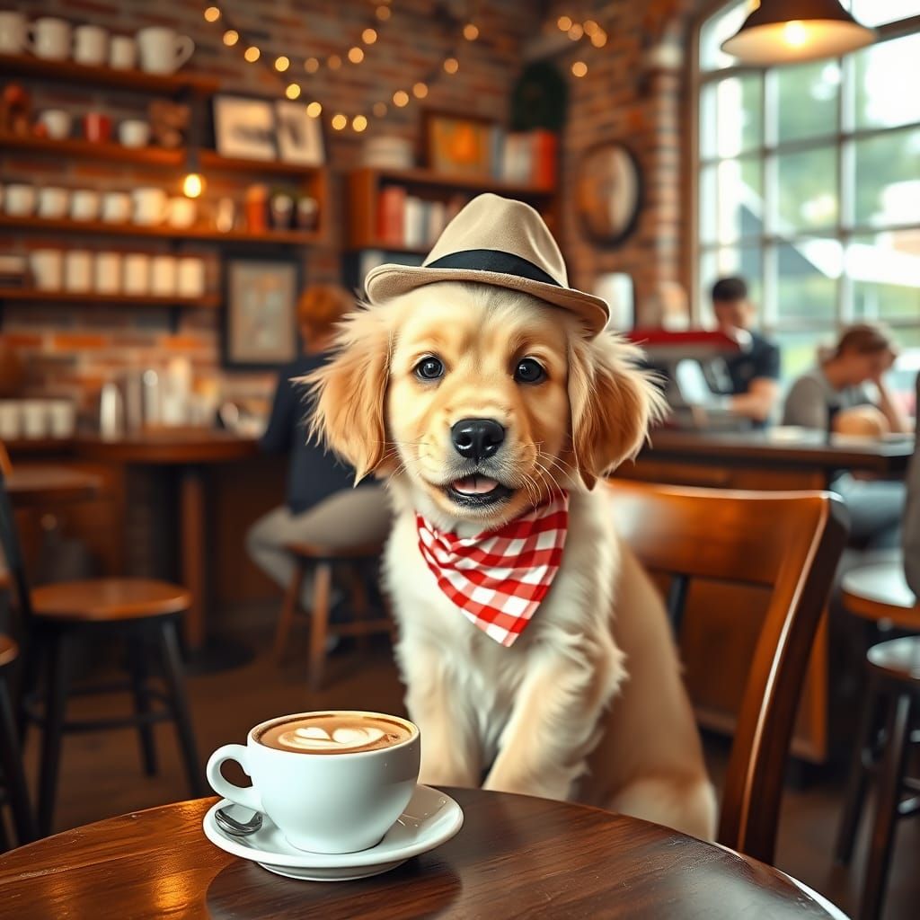 Golden Retriever in Cozy Café Scene with Warm Ambiance