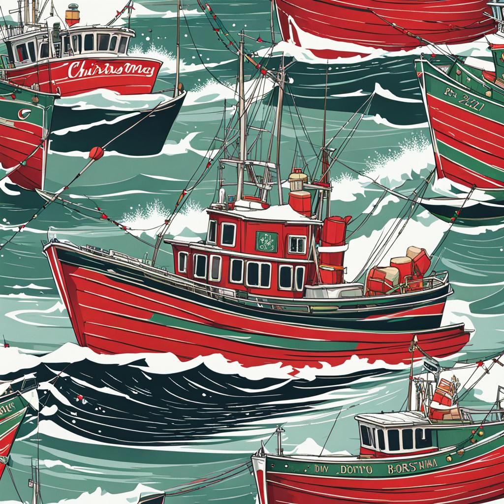 Vibrant Christmas Fishing Boat Decorated with Festive Wrappi...