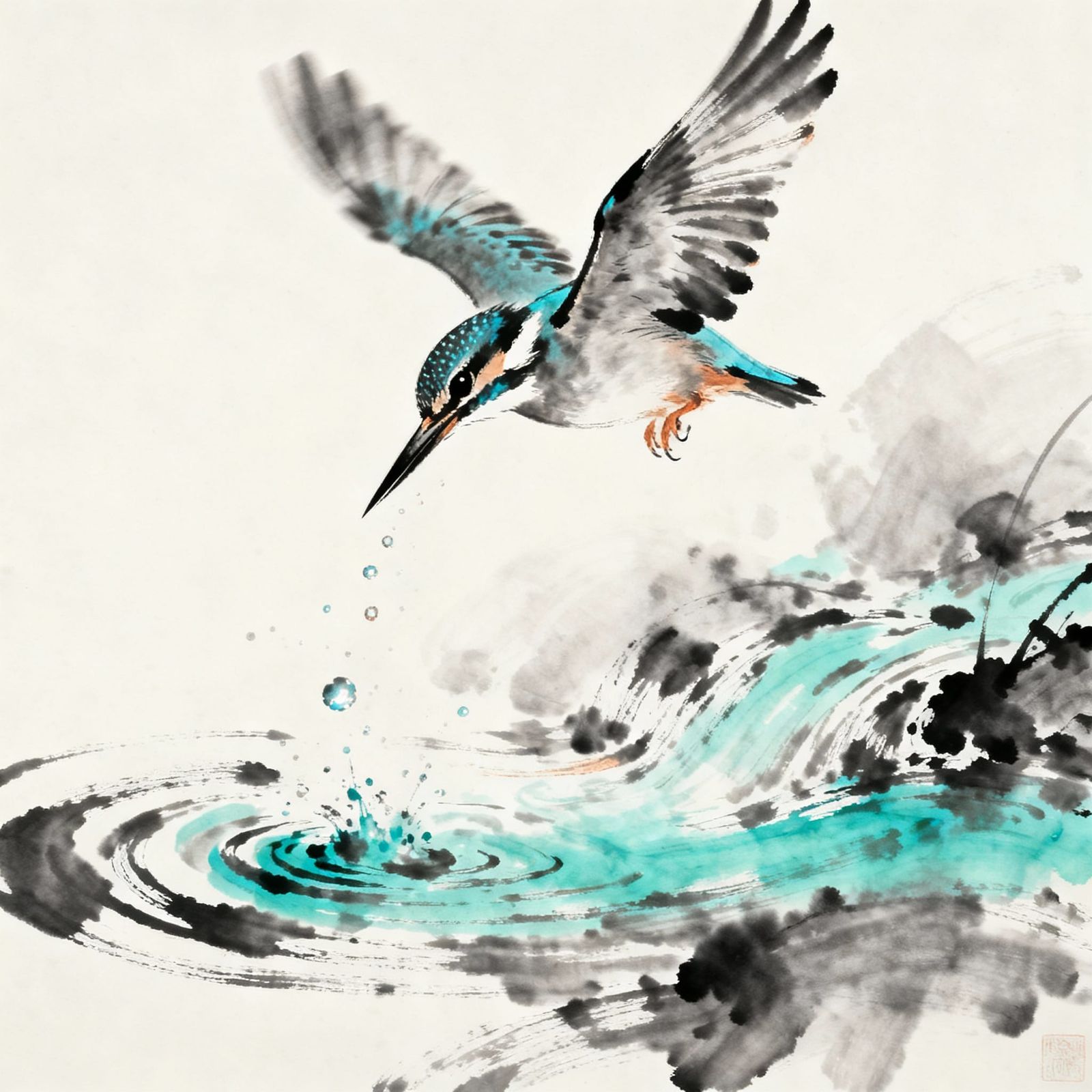 Kingfisher Mid-Dive in Ink-and-Wash Style
