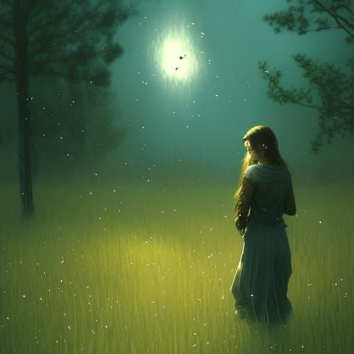 Fireflies Dance Under Moonlit Trees in a Haunting Landscape
