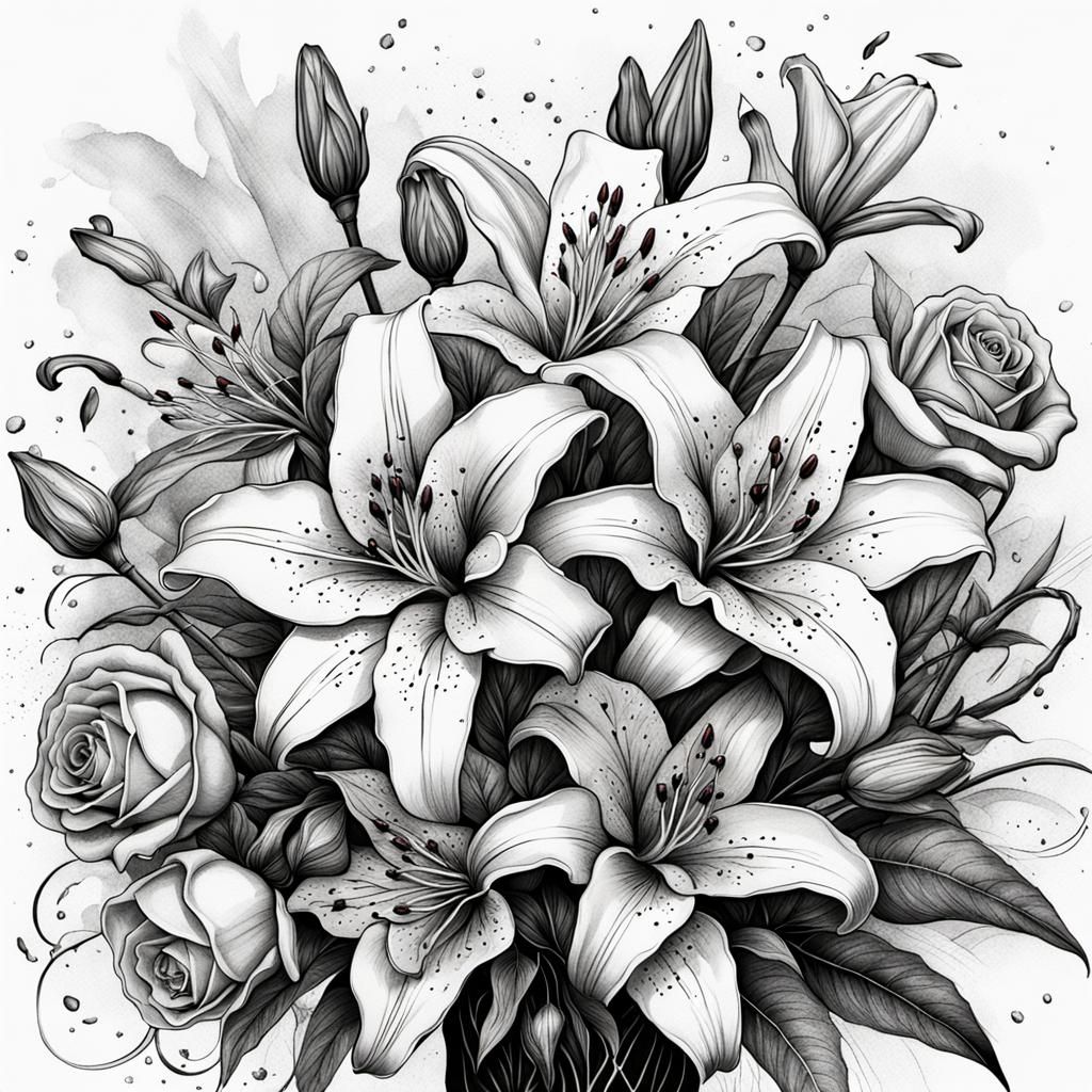 Surreal Bouquet of Roses and Lilies in Deep Fantasy Style