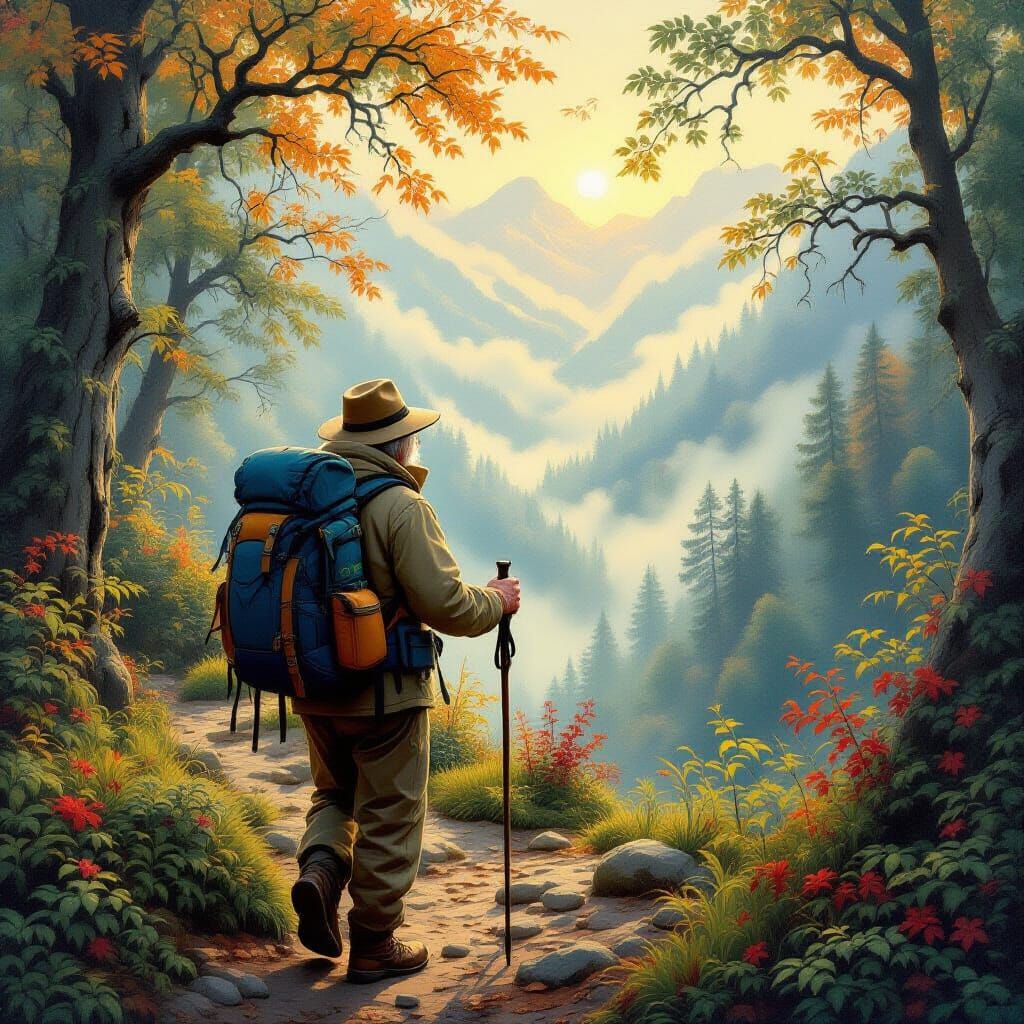 Elderly Hiker's Scenic Journey Through Misty Forest